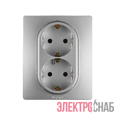 Розетка 2-м СП Etika 16А IP20 250В 2P+E с заземл. немецк. стандарт винт. клеммы в сборе алюм. Leg 672423
