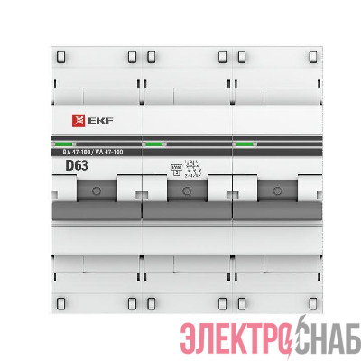 Выключатель автоматический модульный 3п D 63А 10кА ВА 47-100 PROxima EKF mcb47100-3-63D-pro