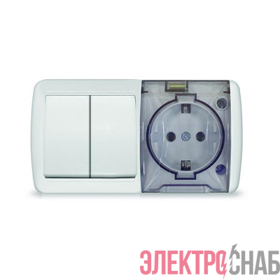 Блок ОП Клио 2-кл. выкл. 10А + розетка 1-м 16А 250В с заземл. с прозр. крышкой бел. Universal К2239