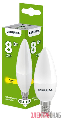 Лампа светодиодная C35 8Вт свеча 3000К E14 230В GENERICA LL-C35-08-230-30-E14-G