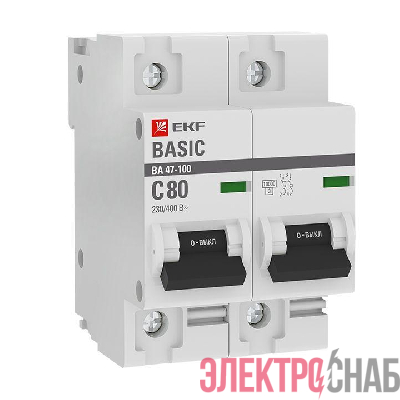 Выключатель автоматический модульный 2п C 80А 10кА ВА 47-100 Basic EKF mcb47100-2-80C-bas