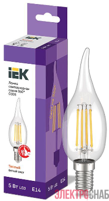 Лампа светодиодная филаментная 360° 5Вт CB35 свеча на ветру 3000К E14 230В IEK LLF-CB35-5-230-30-E14-CL