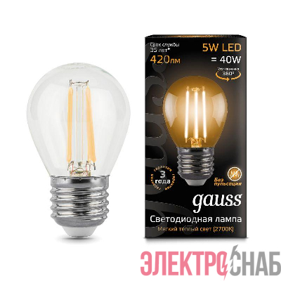 Лампа светодиодная филаментная Black Filament 5Вт P45 шар 2700К тепл. бел. E27 420лм GAUSS 105802105