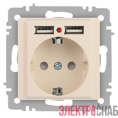 Розетка 1-м СП Accent 6-410-02 16А IP20 250В P+E Schuko + 2хUSB защ. шторки сл. кость Intro Б0063692