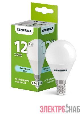 Лампа светодиодная G45 12Вт шар 6500К E14 230В GENERICA LL-G45-12-230-65-E14-G