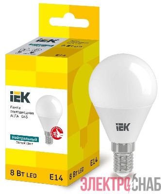 Лампа светодиодная Alfa 8Вт G45 шар 4000К E14 230В (6шт) IEK LLA-G45-8-230-40-E14-6