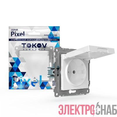 Розетка 1-м СП Pixel IP44 с заземл. защ. шторки с крышкой механизм бел. TOKOV ELECTRIC TKE-PX-R1ZSW1-C01-IP44