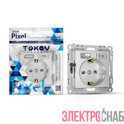 Розетка 1-м СП Pixel IP20 с заземл. с 2-мя заряд. устр. USB тип A+C механизм алюм. TOKOV ELECTRIC TKE-PX-R1U2AC-C03