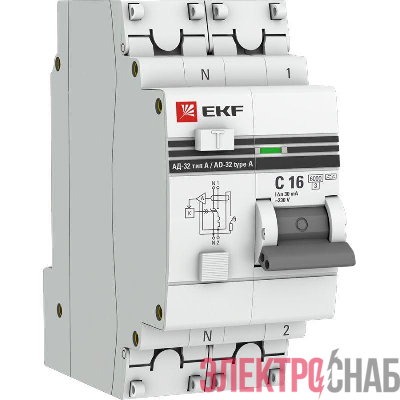 Выключатель автоматический дифференциального тока 2п (1P+N) C 16А 30мА тип A 6кА АД-32 защита 270В электрон. PROxima EKF DA32-6-16-30-a-pro
