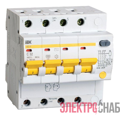 Выключатель автоматический дифференциального тока 4п C 32А 100мА тип AC 4.5кА АД-14 ИЭК MAD10-4-032-C-100