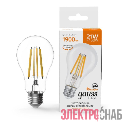 Лампа светодиодная филаментная Basic Filament А70 21Вт 2700К Е27 1900лм GAUSS 40712112