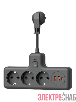 Удлинитель с сетевым фильтром 3х0.3м 10А 2USB + 1USBC 2500Вт ПВС 3х1 компакт черн. КОСМОС FRKsm0.3m-3g(B)USB