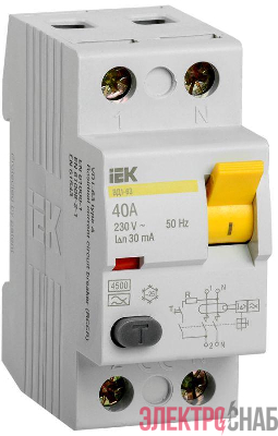 Выключатель дифференциального тока (УЗО) 2п 40А 30мА тип A ВД1-63 IEK MDV11-2-040-030