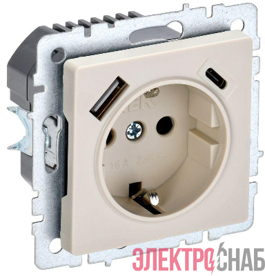 Розетка BRITE РЮш11-1-БрКр 16А с USB A+C 18Вт с заземл. защ. шторки механизм беж. IEK BR-R14-16-U22-018-K10