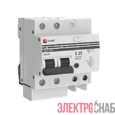 Выключатель автоматический дифференциального тока 2п 4мод. C 25А 30мА тип AC 4.5кА АД-2 PROxima EKF DA2-25-30-pro