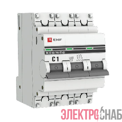 Выключатель автоматический модульный 3п C 1А 4.5кА ВА 47-63 PROxima EKF mcb4763-3-01C-pro