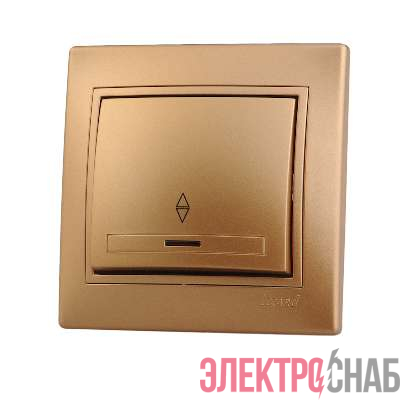 Переключатель проходной 1-кл. СП Mira 10А IP20 с подсветкой со вставкой зол. метал. LEZARD 701-1313-114