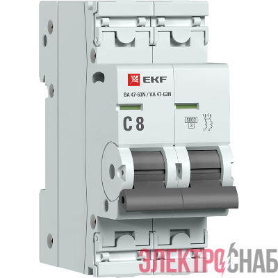 Выключатель автоматический модульный 2п C 8А 6кА ВА 47-63N PROxima EKF M636208C