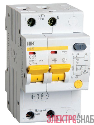 Выключатель автоматический дифференциального тока 2п C 25А 10мА тип AC 4.5кА АД-12 IEK MAD10-2-025-C-010