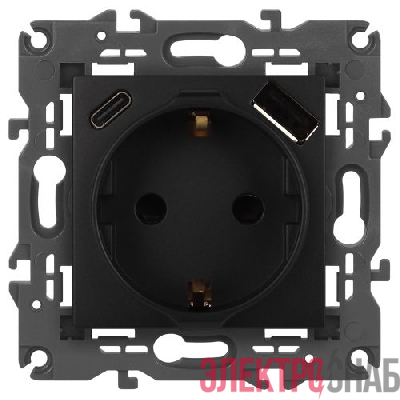 Розетка Elegance 14-4108-05 16A 250В 2P+E защ. шторки с USB type-A+C 3А 5В антрацит Эра Б0067724