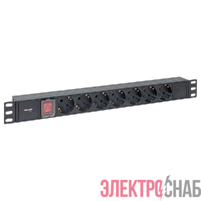 Блок PDU TERACOM PRO 19дюйм 1U 10А 250В 7-м Schuko с выкл. без шнура питания вх. разъем C14 алюм. черн. EKF TRP-HPD-LS-10A-7SH-C14