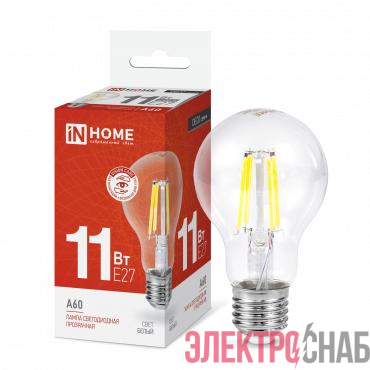 Лампа светодиодная LED-A60-deco 11Вт грушевидная прозрачная 4000К нейтр. бел. E27 1160лм 230В IN HOME 4690612026145