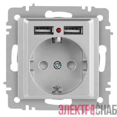 Розетка 1-м СП Accent 6-410-03 16А IP20 250В P+E Schuko + 2хUSB защ. шторки алюм. Intro Б0063694