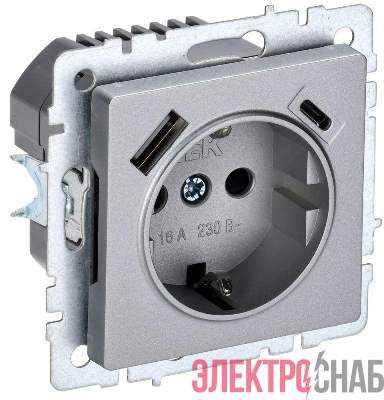 Розетка BRITE РЮш11-1-БрА 16А с USB A+C 18Вт с заземл. защ. шторки механизм алюм. IEK BR-R14-16-U22-018-K47