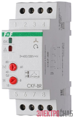 Реле контроля наличия и чередования фаз CKF-BR (монтаж на DIN-рейке 35мм; регулировка порога отключения; регулировка времени отключения; 3х400/230+N 2х8А 1Z 1R IP20) F&F EA04.002.003