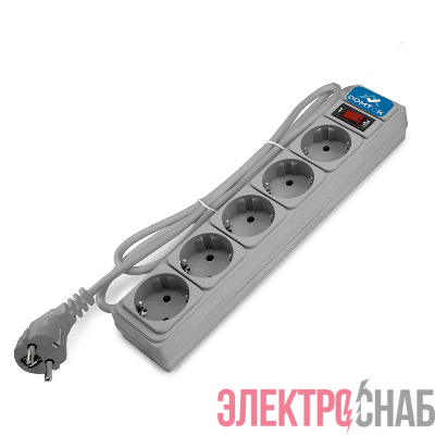 Удлинитель с сетевым фильтром 5х3м с заземл 10А IP20 2.2кВт ПВС 3х1 с выкл. сер. DOMTOK 2533
