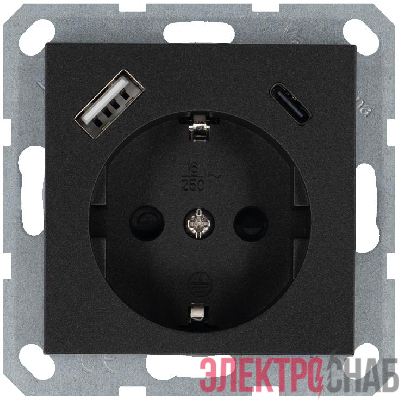 Розетка Shuko 16А с заземл. защ. шторки с 2-мя заряд. устройствами USB тип A+C 25Вт механизм антрацит Jasmart G5501USB-25B