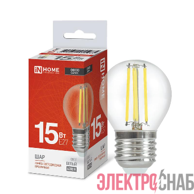 Лампа светодиодная филаментная LED-ШАР-deco шар прозрачная 15Вт 230В E27 4000К 1435лм IN HOME 4690612055985