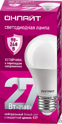 Лампа светодиодная 90 407 OLL-A60-27-230-4K-E27 27Вт грушевидная 4000К E27 90-240В PRO ОНЛАЙТ 90407