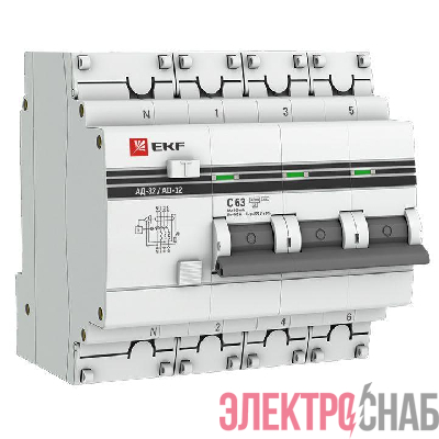 Выключатель автоматический дифференциального тока 4п (3P+N) C 63А 100мА тип AC 4.5кА АД-32 защита 270В электрон. PROxima EKF DA32-63-100-4P-pro