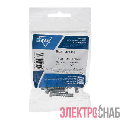 Болт с шестигранной головкой М6х30 DIN 933 класс прочн. 8.8 оцинк. (пакет) (уп.16шт) Tech-Krep/Zitar 102959