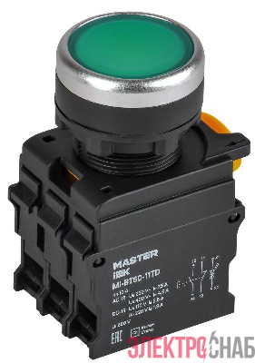 Кнопка d22мм 1НО+1НЗ MASTER с подсветкой и фиксацией зел. IEK MI-BT60-11TD-3-11-K06