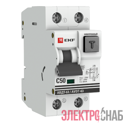 Выключатель автоматический дифференциального тока C 50А 30мА тип А 6кА АВДТ-63 (электрон.) PROxima EKF DA63-50-30e