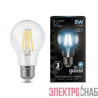 Лампа светодиодная филаментная Black Filament 8Вт A60 грушевидная 4100К нейтр. бел. E27 780лм GAUSS 102802208