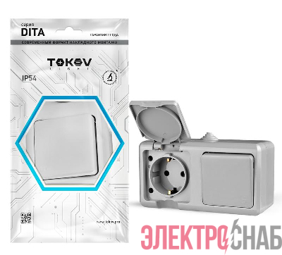 Блок ОП Dita (розетка 16А 250В с заземл. + 1-кл. выкл. 10А) IP54 сер. TOKOV ELECTRIC TKL-DT-V1RZ-C06-IP54