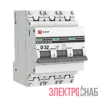 Выключатель автоматический модульный 3п D 32А 4.5кА ВА 47-63 PROxima EKF mcb4763-3-32D-pro