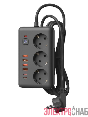Удлинитель с сетевым фильтром 3х3м 10А 4USB + 2USBC 2500Вт ПВС 3х1 прямоуг. черн. КОСМОС FKsm3m-3gPF(B)USB
