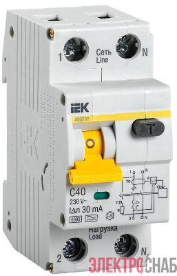 Выключатель автоматический дифференциального тока 2п (1P+N) C 40А 30мА тип A 6кА АВДТ-32 IEK MAD22-5-040-C-30