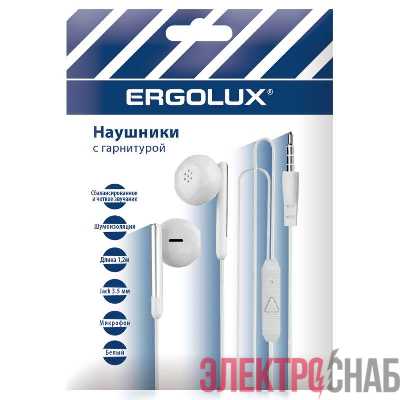 Наушники вакумные с микрофоном проводные ELX-WHP01P-C01 ПРОМО 3.5мм 1.2м пакет бел. Ergolux 15277