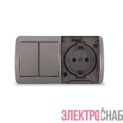 Блок ОП Клио 2-кл. выкл. 10А + розетка 1-м 16А 250В с заземл. с прозр. крышкой сер. Universal К2239-Gr
