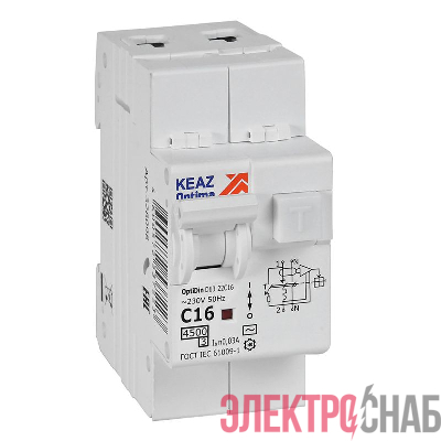 Выключатель автоматический дифференциального тока 2п C 16А 30мА тип AC 4.5кА OptiDin D63-22C16-AC-У3 с защитой от сверхтоков КЭАЗ 328098