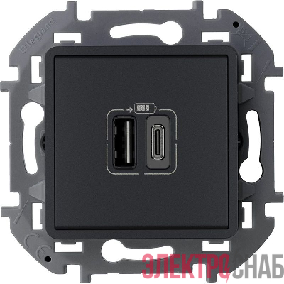 Устройство зарядное Inspiria с 2-мя USB разьемами A и C 240В/5В 3000мА антрацит IEK 673763