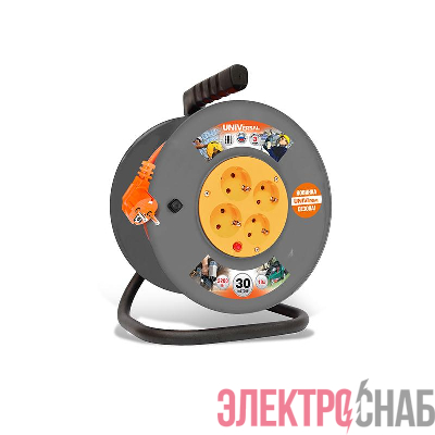 Удлинитель на катушке 4х30м с заземл. 6А IP20 ВЕМ-250 ПВС 3х0.75 термозащита защ. шторки UNIVersal 1680