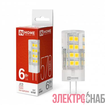 Лампа светодиодная LED-JCD 6Вт капсульная прозрачная 4000К нейтр. бел. G4 570лм 230В IN HOME 4690612036144