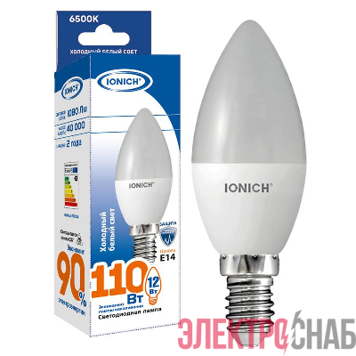 Лампа светодиодная C37 12Вт свеча 6500К E14 230В IONICH 1635