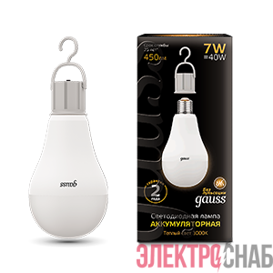 Лампа светодиодная Black 7Вт A60 3000К тепл. бел. E27 450лм Li-Ion аккум. GAUSS 102402107